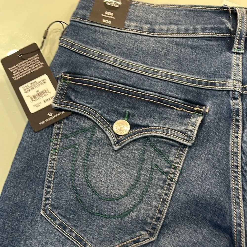True Religion NWT jeans 32 GENO an flap slim dark blue wash faded very stretchy